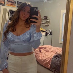 Pacsun long sleeve crop blue floral silk top